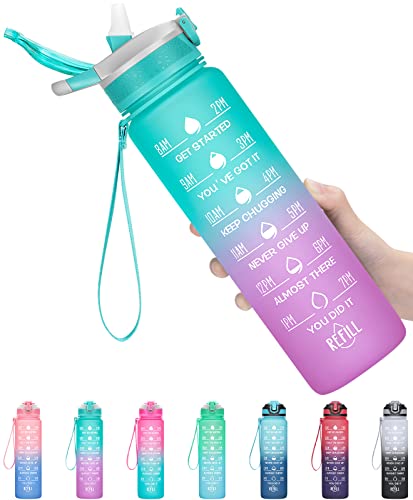 MEITAGIE 32oz Leakproof Motivational Sports Water Bottle with Straw & Time Marker, Flip Top Durable BPA Free Tritan Non-Toxic Frosted Bottle Perfect for Office, School, Gym and Workout (Ombre: Mermaid)