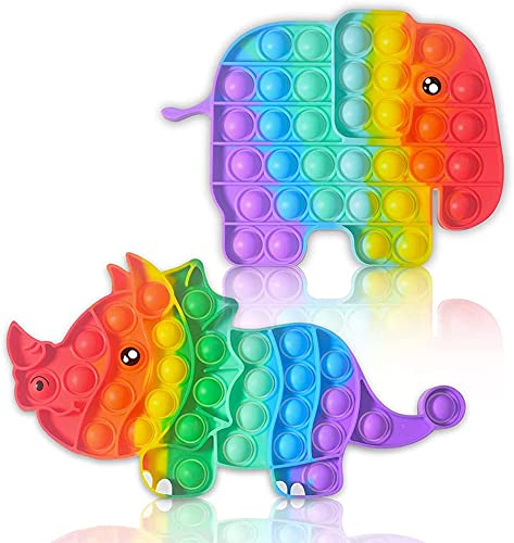 2 Pack Push Bubble Sensory Fidget Toys for Kids and Adults, Anti-Anxiety Stress Reliever Silicone Squeeze Toy (Rainbow Dinosaur+Elephant)