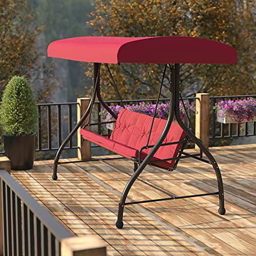 Flash Furniture 3-Seat Outdoor Steel Converting Patio Swing Canopy Hammock with Cushions / Outdoor Swing Bed (Maroon)