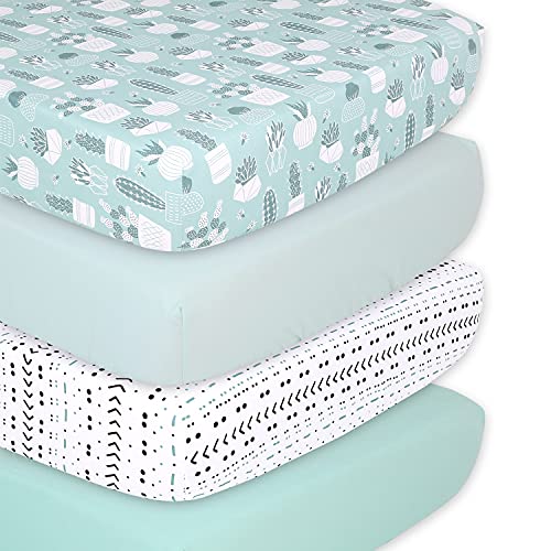 The Peanutshell Fitted Crib Sheet Set for Baby Boys or Girls | Unisex 4 Pack Set | Cactus, Succulents & Pastel Green