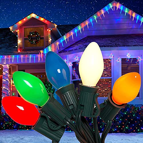 Christmas String Lights Outdoor Indoor String Lights 25Ft C7 Ceramic Vintage Multicolor Lights with 27 Colorful Incandescent Bulbs (2 Spare) for Christmas Halloween Party Backyard Wedding Decoration