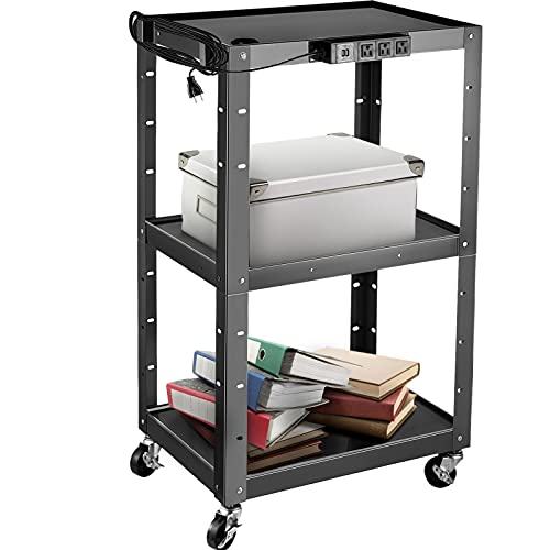 VEVOR Steel AV Cart, 24-42″ Height Adjustable Media Cart with Electric Power Cord, 24 x 32 Presentation Cart with 3 Shelves, 150 LBS Rolling Projector Cart with and 2 Brakes Suitable for Load-Bearing