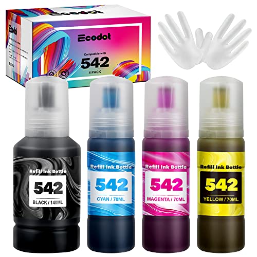 ecodot 542 Compatible Ink Bottles Replacement for Epson 542 T542 for Pro ET-5800 ET-5850 ET-5880 ET-16600 ET-16650 Printer Tray (1 Black,1 Cyan,1 Magenta,1 Yellow, 4 Pack)
