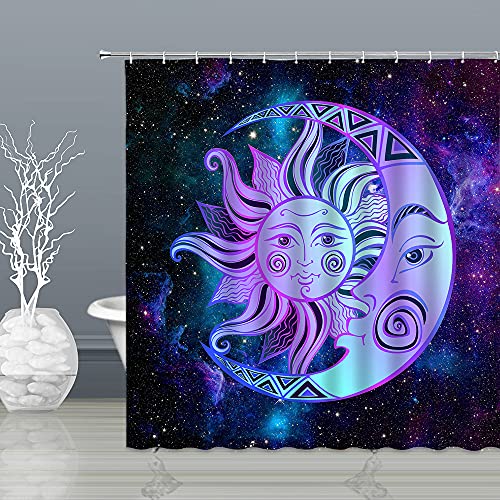 Wkokos Sun and Moon Shower Curtain Stars Purple Blue Abstract Celestial Mystic Mandala Boho Sketch Chic Retro Vintage Art Fantasy Starry Sky Antique Fabric Decor Bathroom Set with Hooks 70×70 Inch
