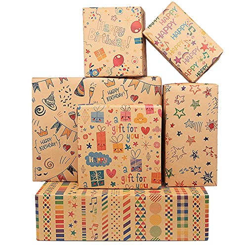 Happy Birthday Wrapping Paper for Kids Girls Women Adults Boys Men, Kraft Brown Recycled Gift Wrapping Paper 20×28″ Per sheet(12 sheets:45 sq.ft.ttl.) w/ Jute Strings, Stickers and Tags for all Celebrate Occasion