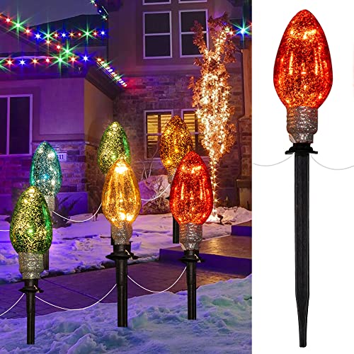 FUNPENY C9 Christmas Lights Outdoor with Pathway Marker Stakes, Multicolored Connectable 6.5 FT Waterproof String Lights Christmas Decorations for Outside Yard Xmas Holiday Party Decor, 5 Lights