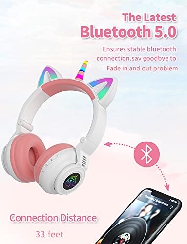 YUSONIC Unicorn Kids Headphones,Unicorn Bluetooth Headphones Foldable for Girls Boys Toddlers Phones/ipad/Amazon fire,Light Up Kids Wireless Headphone Birthday Gifts (White+Pink) | The Storepaperoomates Retail Market - Fast Affordable Shopping