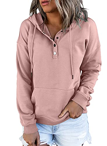 Dokotoo Womens Ladies Winter Sweatshirts for Women Comfy Simple Plain Drawstring Hoodies Front Button Collar Fleece Long Sleeve with Pockets Hooded Pullovers Casual Loose Fit Fall Tops Shirts Large