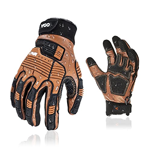 Vgo… Cow Leather Work Gloves, Impact Mechanic Gloves,Water Resistant (Size L, Bronze, CA7722)