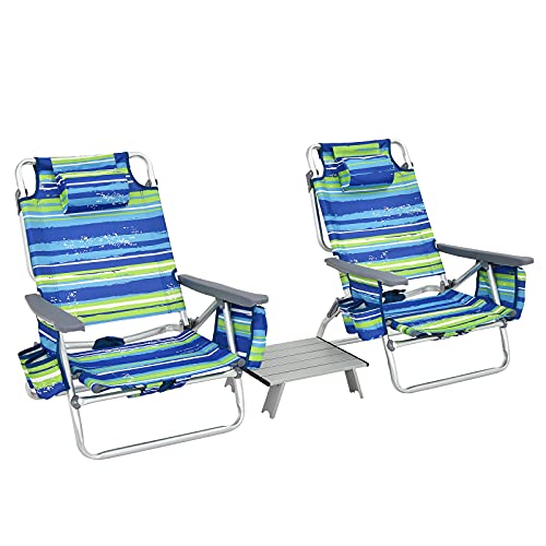 Goplus Backpack Beach Chairs, 3 Pcs Portable Camping Chairs with Cool Bag and Cup Holder, 5-Position Outdoor Reclining Chairs for Sunbathing, Fishing, Travelling (Blue+Green, with Side Table)