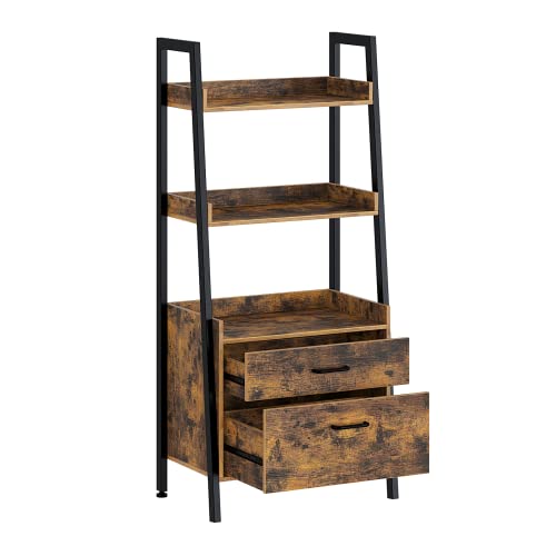 Rolanstar Bookshelf with 2 Drawers, 3 Tier Ladder Shelf, Wood Utility Organizer Shelves with Metal Frame, Freestanding Display Bookcase for Living Room, Home Office, Rustic Brown
