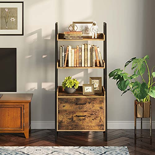Rolanstar Bookshelf with 2 Drawers, 3 Tier Ladder Shelf, Wood Utility Organizer Shelves with Metal Frame, Freestanding Display Bookcase for Living Room, Home Office, Rustic Brown | The Storepaperoomates Retail Market - Fast Affordable Shopping