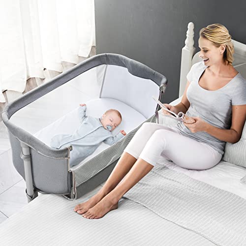 ALVOD Bedside Sleeper for Baby, Baby Bassinet, Baby Crib Baby Nursery Bed for Infants, 9 Adjustable Height for Bed Sofa, Breathable Mesh, Easy Assemble (Light Grey)
