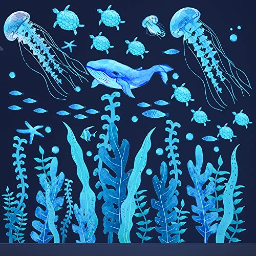 Under the Sea Wall Decals Glow in the Dark Ocean Wall Decals Colorful Sea Turtle Seaweed Jellyfish Wall Stickers Removable Ocean World Themed Wall Decor for Toddler Boys Girls Bedroom Bathroom Living Room