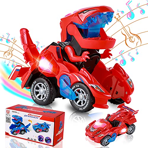 Hirger Transforming Dinosaur Car Toys, Transforming Dinosaur LED Car with Light and Music, 2 in 1 Automatic Dinosaur Transform Car Toy, Dinosaur Transformer Toy for Kids (Red)