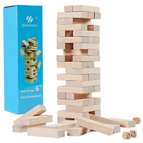 SpeedArmis Mini Tumble Tower, 54PCS Wooden Stacking Game for Kids Teens – Pine Stack Timber Board Game with 4 Dice Set