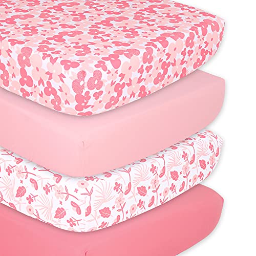 The Peanutshell Floral & Blush Pink Fitted Crib Sheet Set for Baby Girls – 4 Pack Set – Floral Punch & Solid Pink