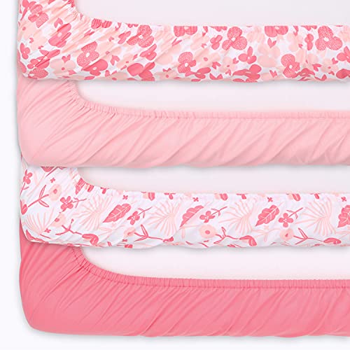 The Peanutshell Floral & Blush Pink Fitted Crib Sheet Set for Baby Girls – 4 Pack Set – Floral Punch & Solid Pink | The Storepaperoomates Retail Market - Fast Affordable Shopping