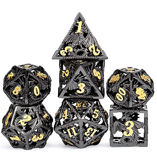 Dragon Hollow Metal DND Dice Set, DNDND 7 D&D Die Set with Metal Gift Tin for Dungeons & Dragon Game (Black with Gold Number)