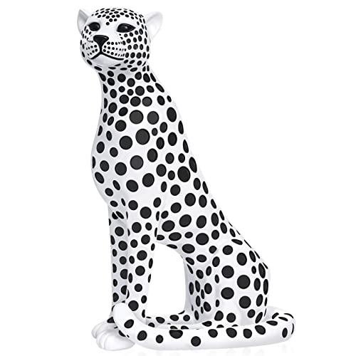 Quoowiit Statues for Home Decor, Modern Sculptures and Statues Decorations for Living Room, Bedroom, Table, Bookshelf, White Resin Leopard Art Decorative Sculpture with Black Polka Dots Design