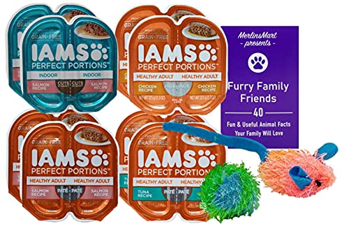 Iams Perfect Portions Grain Free Cat Food 4 Flavor 8 Can Variety – (2) Each: Tuna, Chicken, Salmon Cuts in Gravy, Salmon (2.6 Ounces) Plus 2 Catnip Toys and Fun Animal Facts Bundle