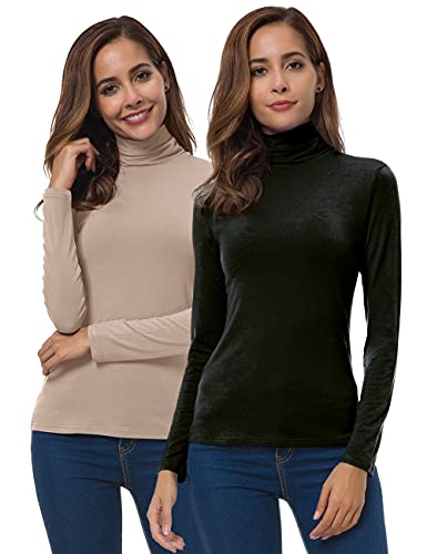 VOBCTY Womens 2 Pack Long Sleeve Turtleneck Lightweight Slim Active Shirt(Black/Light Coffee,Medium)