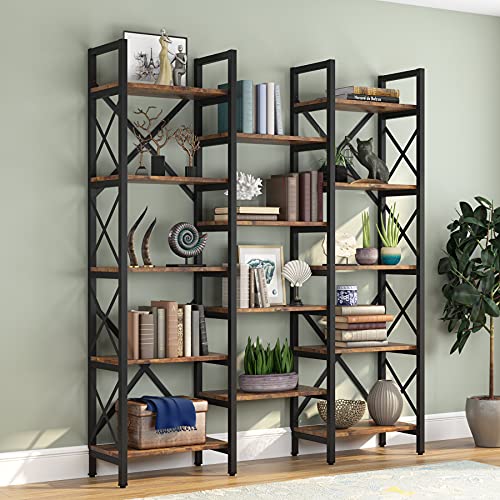 Tribesigns Triple Wide 5-Shelf Bookcase, Etagere Large Open Bookshelf Vintage Industrial Style Shelves Wood and Metal bookcases Furniture for Home & Office, 59 inch