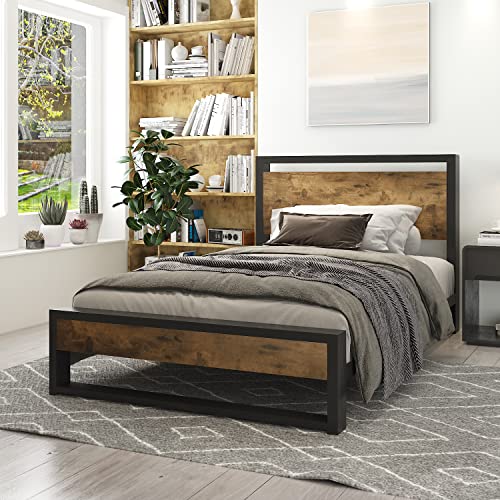 IMUsee Twin Bed Frame with Headboard, Rustic Country Platform Bed Frame with Strong Metal Slats Support, Easy Assembly, No Box Spring Needed