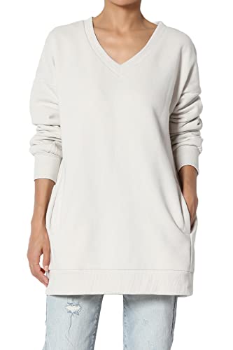TheMogan Women’s Cozy V-Neck Pocket Fleece Relaxed Pullover Sweatshirts Bone L
