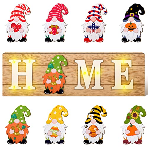 St. Patrick’s Day Gnome Home Sign Interchangeable Home Sign with 8 Seasonal Magnet Rustic St. Patrick’s Day Wooden Sign Table Top Shelf Decor 8 LED Lights for Holiday Farmhouse Door Welcome DIY Decor