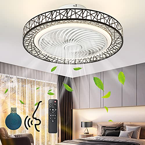 IYUNXI Enclosed Ceiling Fan with Remote Smart 20″ Flush Mount Ceiling Fan Indoor with Lights Dimmable 3-color 7 Blades Low Profile Modern 3-Speed Timing Quiet Kids Bedroom Kitchen (Voice Control)