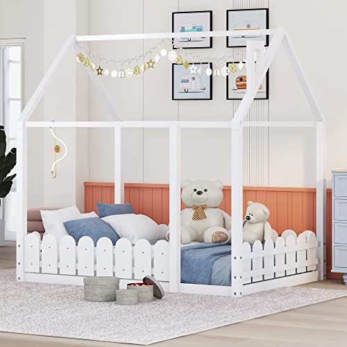 Kids House Beds, Twin Floor Bed with Fence Wood Cabin Bed Frame Can be Decorated for Kids, Teens, Girls, Boys, White