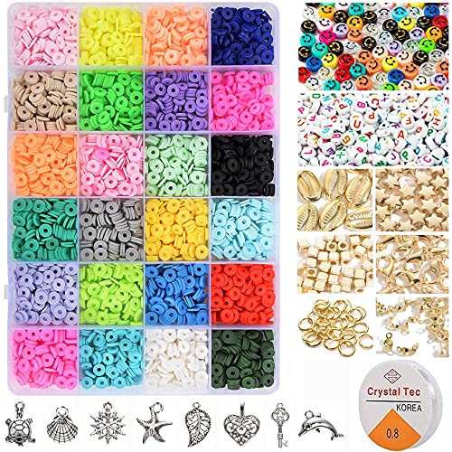 4500 Pcs Clay Beads for Bracelet Making Kit, 24 Colors Flat Round Polymer Clay Beads 6mm Spacer Heishi Beads with Pendant Charms and Elastic Strings for Jewelry Making Kit Craft Supplies