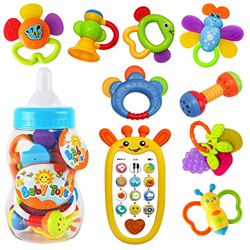 WISHTIME Baby Rattle Teether Set with Phone Toy, Newborn Baby Toys 3 6 9 12 Months with Storage Box, Grab Spin Rattle Shaker Sounds Toy, Infant Gift Toddlers Teething Toys for Baby Boys Girls