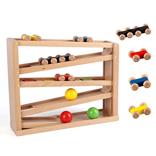 Qilay Wooden Race Track Car Ramp Racer Toy for Toddlers, 5 Level Race Car Ramp Toy Set Includes 4 Wood Cars and 3 Balls,Perfect Building Learning Toys Gift for 3+ Years Old Boy and Girl | The Storepaperoomates Retail Market - Fast Affordable Shopping