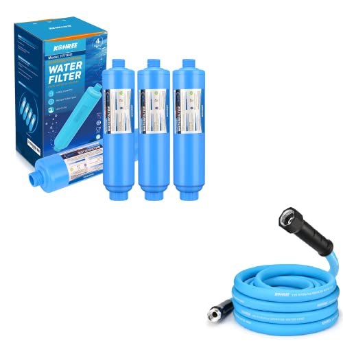 Kohree RV Marine Inline Water Filter 4 Packs Bundle with 25FT RV Water Hose 5/8” Drinking Water Hose for Garden, Camping