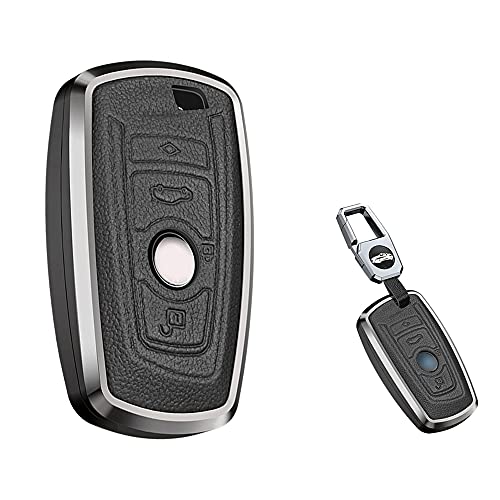 SANRILY 1pcs Key Fob Cover for BMW 3 4 5 6 7 Series X3 X4 M5 M6 Keyless Full Protetcion Metal Leather Key Case Shell with Keychain Black