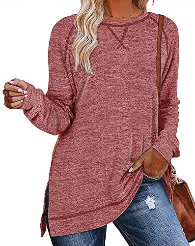 Misyula Style Fall Tops for Women, Long Sleeve Casual Loose Tunic Top Side Split Winter Warm Fashion Sweatshirts pair with Leggings Red M