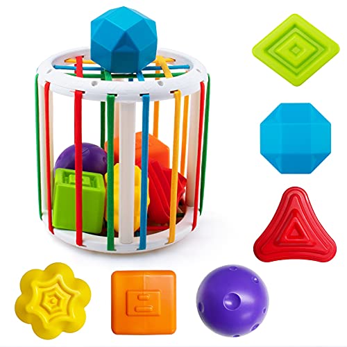 beetoy Baby Shape Sorting Toy, Sensory Sorting Bin Colorful Cube and 6 Multi Shape Blocks, Baby Sorter Toys with Rattles Sound Montessori Toys Developmental Learning Toys for 6 12 18 Months