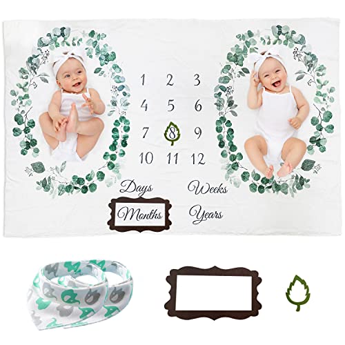 Vlokup Twins Baby Milestone Blanket for Boys & Girls, Premium Flannel Photography Background Prop Blankets, Neutral Boho Green Leaf Wreath