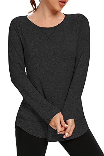 CHAMA Women’s Round Neck Yoga Tops Workout Running Shirts Activewear Side Split Dry Fit Top for Women Long Sleeve(Black,X-Large)