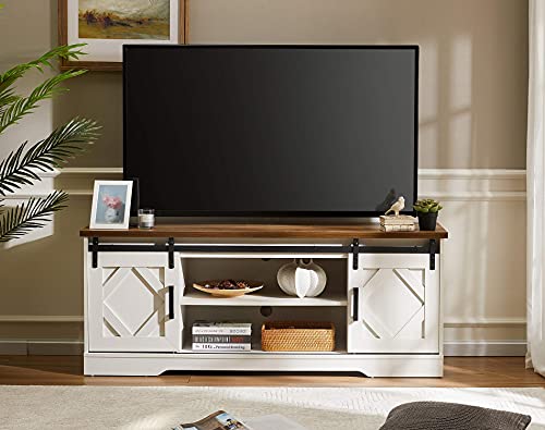 Farmhouse TV Stand for 65 inch TVs with Sliding Barn Doors, White Oak Entertainment Center with Storage Cabinet, Wood Console Table Television Stands for Home Living Room Kitchen