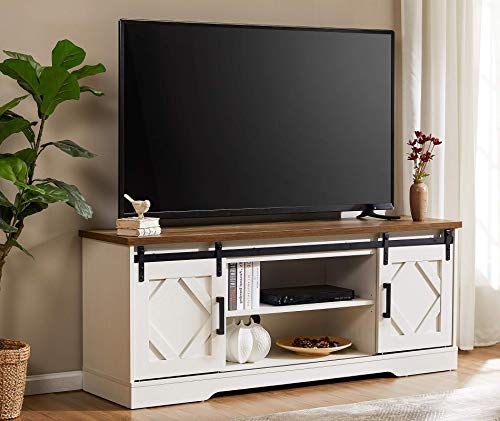 Farmhouse TV Stand for 65 inch TVs with Sliding Barn Doors, White Oak Entertainment Center with Storage Cabinet, Wood Console Table Television Stands for Home Living Room Kitchen | The Storepaperoomates Retail Market - Fast Affordable Shopping