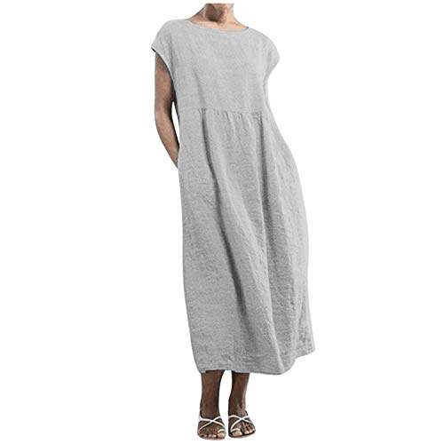 MIANHT Summer Dresses for Women 2021,Solid Vintage Cotton Linen Round Neck Sleeveless Pleated Dress Loose Casual Beach Dress Gray