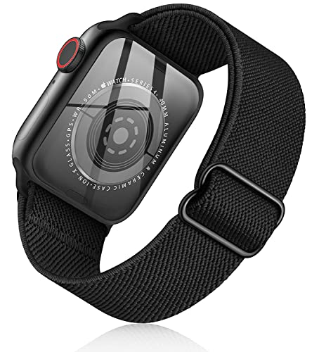 SOTRADE Stretchy Nylon Solo Loop Bands Compatible with Apple Watch 45mm 44mm 42mm 41mm 40mm 38mm Adjustable Braided Sport Elastics Men Women Straps iWatch Series 7 6 5 4 3 2 1 SE (A-Black+Black, 49mm 45mm 44mm 42mm)