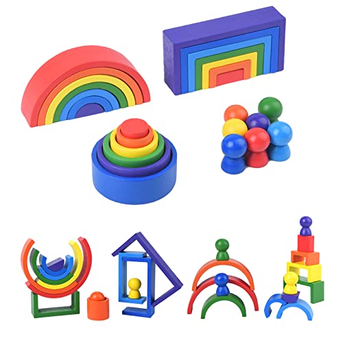 WODI Wooden Rainbow Stacking Toy 27 PCS Early Educational Sorting Nesting Building Blocks Matching Games Montessori Sensory Toys Learning Gifts for Preschool Kids Boys and Girls Age 3+