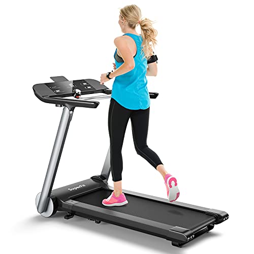 GYMAX Folding Treadmill, Italy Designer Electric Treadmill with Heart Rate Belt, LED Display, Quick Speed Switch Button, Freestanding Home Gym Running Machine for Small Space