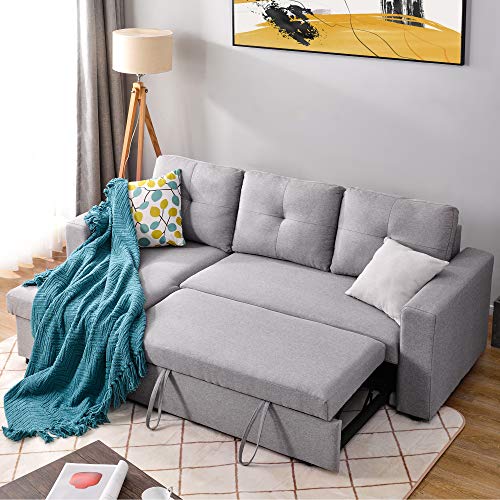 Tmosi Couch with Pull Out Bed, Sleeper Sectional L Shaped Linen Sofa with Storage, with 2 Seats Sofa and Reversible Chaise, for Living Room Furniture Set (Grey2)