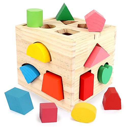 Aomola Wooden Shape Sorting Cube Toys with 13 Colorful Wood Geometric Shape Blocks and Sorter Box,Learning Matching Game for Toddlers,Preschool Educational Learning Toy for Kids