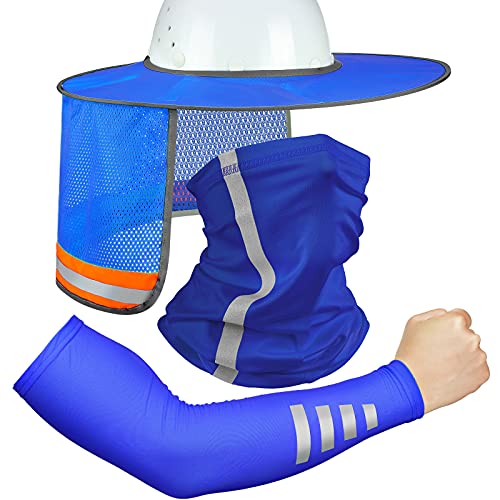 SATINIOR 3 Pieces Sun Hard Hat High Visibility Shield Full Brim Mesh Neck Sunshade, Bandana Headband Face Scarf, UV Protection Arm Sleeves with Reflective Strap for Cooling (Blue)